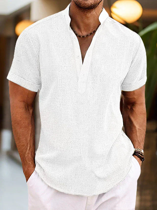 George - Casual Men's Linen Shirt with Short Sleeves and Grandad Collar