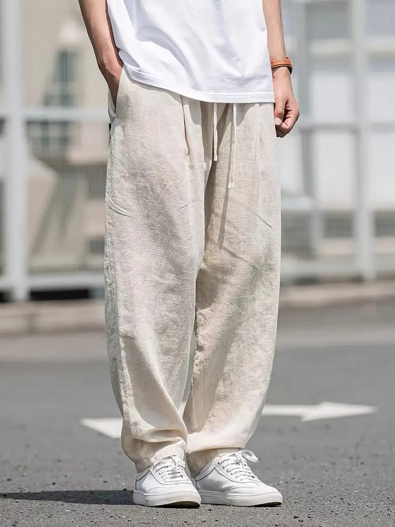 George - Oversized Men's Wide Leg Linen Pants with Drawstring Waist