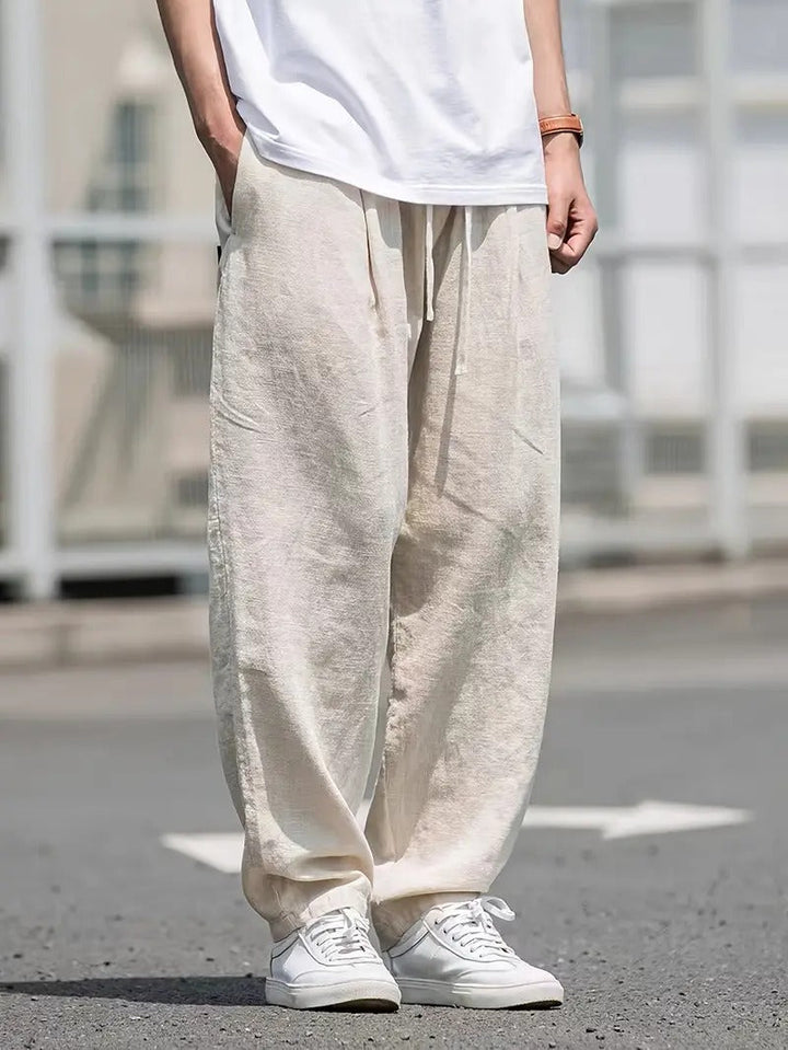 George - Oversized Men's Wide Leg Linen Pants with Drawstring Waist
