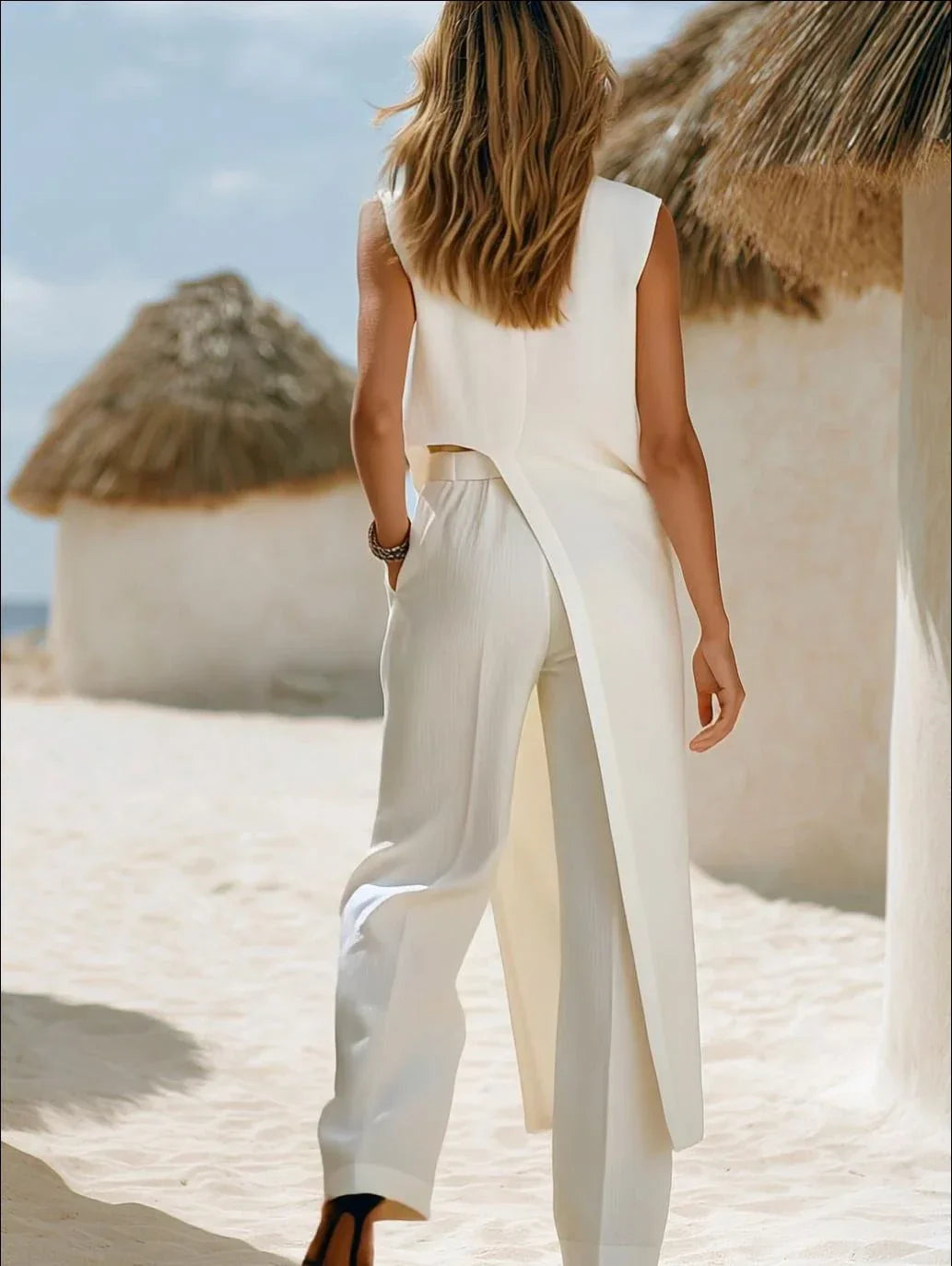 Grace - Casual Women's Linen Co-ord Set with Mock Neck Top and Wide Leg Trousers