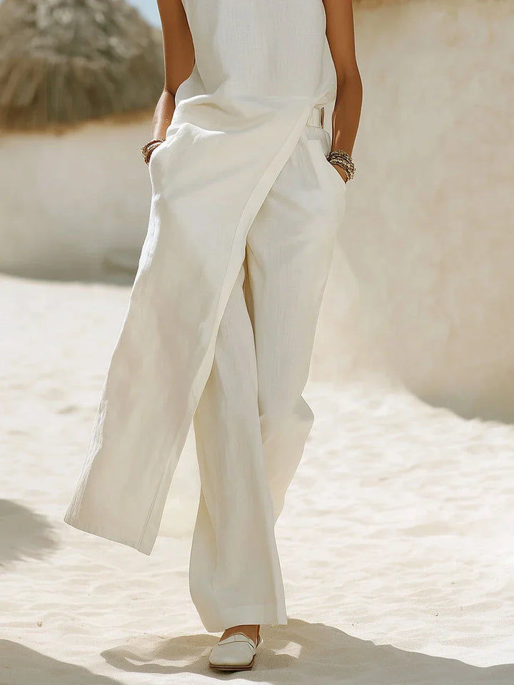 Grace - Casual Women's Linen Co-ord Set with Mock Neck Top and Wide Leg Trousers
