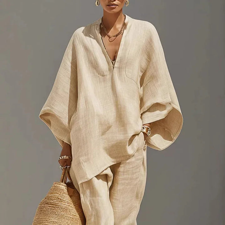 Grace - Casual Women's Linen Co-ord Set with V-Neck and Batwing Sleeves