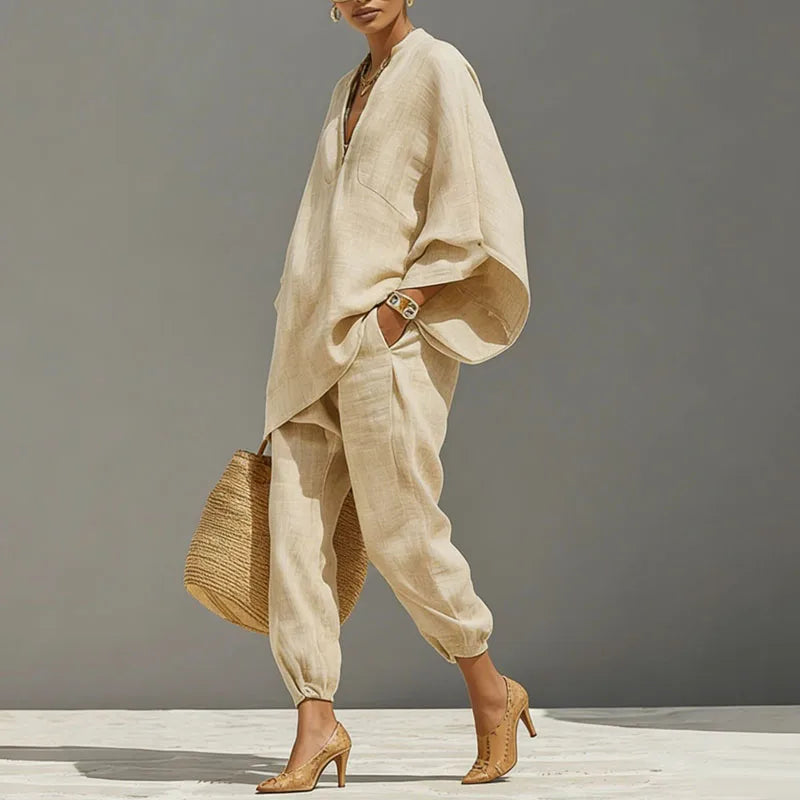 Grace - Casual Women's Linen Co-ord Set with V-Neck and Batwing Sleeves