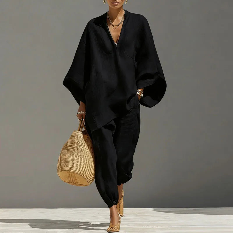 Grace - Casual Women's Linen Co-ord Set with V-Neck and Batwing Sleeves