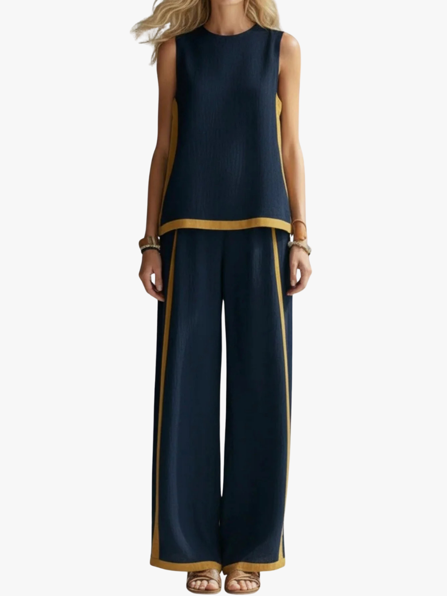 Grace - Casual Women's Linen Set with Sleeveless Top and Wide-Leg Trousers