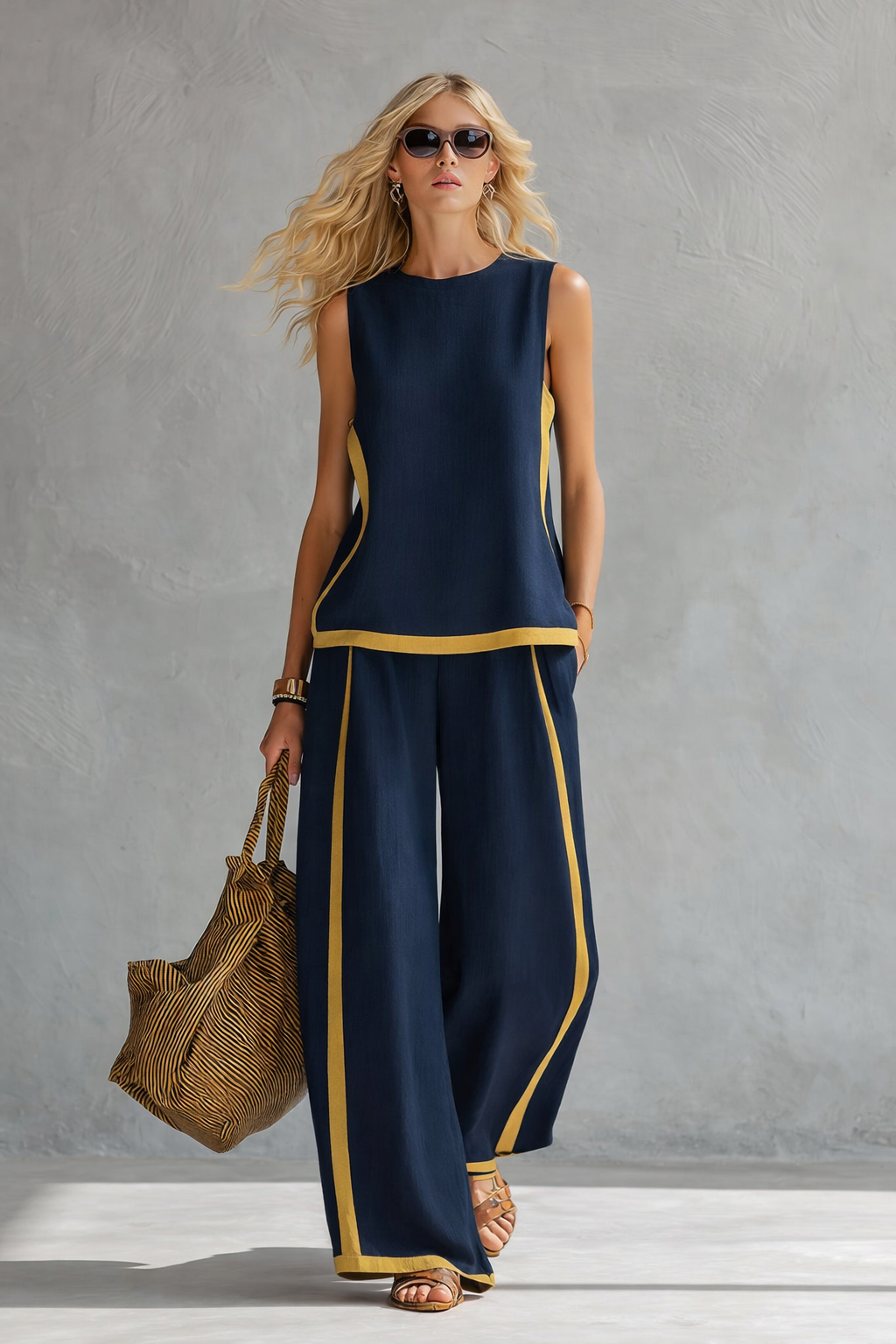 Grace - Casual Women's Linen Set with Sleeveless Top and Wide-Leg Trousers