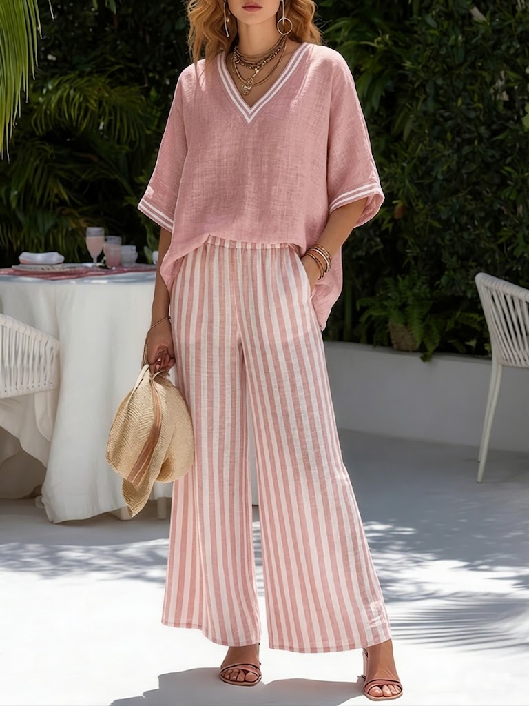 Grace - Casual Women's Linen Set with V-Neck Top and Striped Wide Leg Trousers