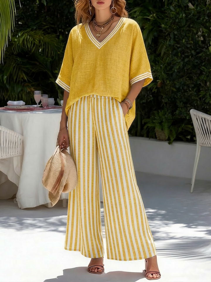 Grace - Casual Women's Linen Set with V-Neck Top and Striped Wide Leg Trousers