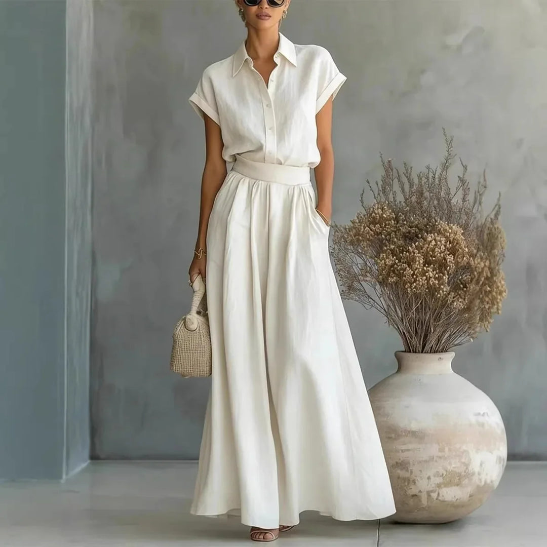 Grace - Chic Women's 2-Piece Linen Set with Collared Top and Wide Leg Trousers