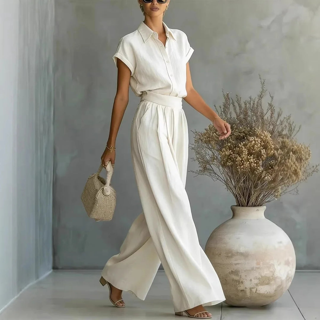 Grace - Chic Women's 2-Piece Linen Set with Collared Top and Wide Leg Trousers