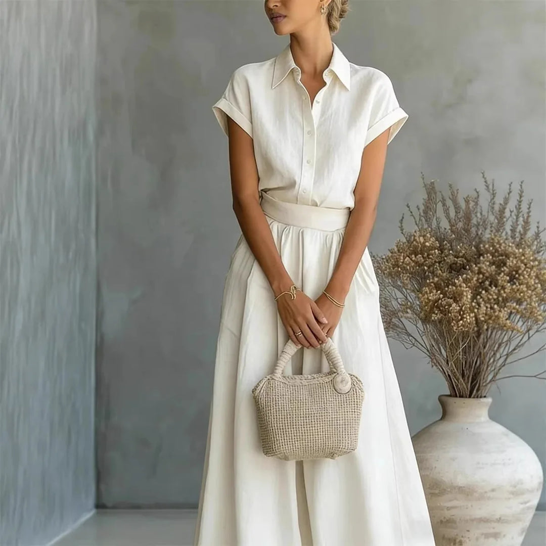 Grace - Chic Women's 2-Piece Linen Set with Collared Top and Wide Leg Trousers