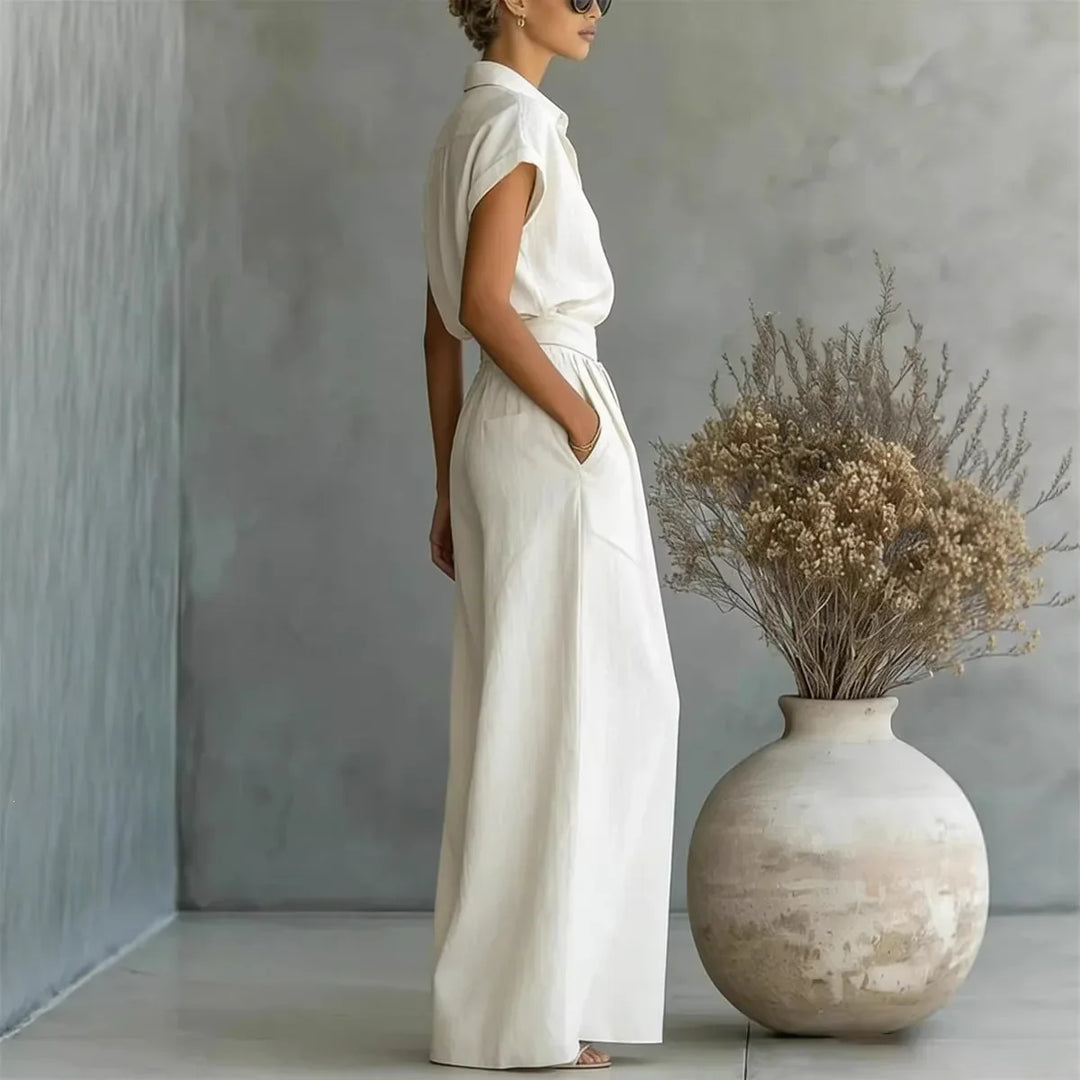 Grace - Chic Women's 2-Piece Linen Set with Collared Top and Wide Leg Trousers