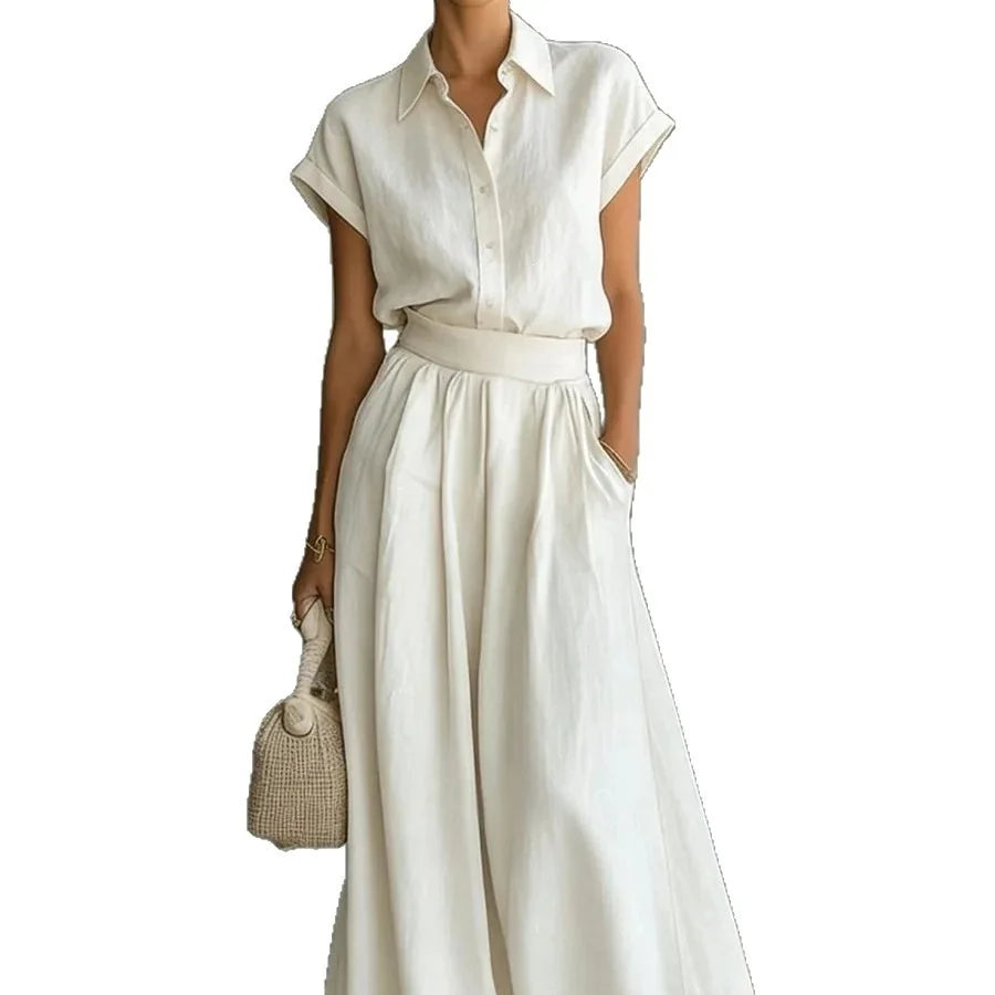 Grace - Chic Women's 2-Piece Linen Set with Collared Top and Wide Leg Trousers