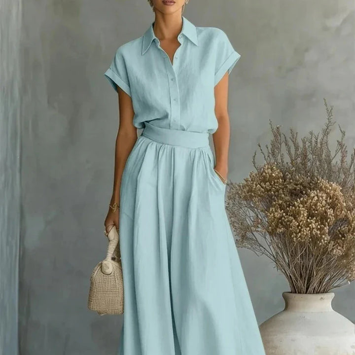 Grace - Chic Women's 2-Piece Linen Set with Collared Top and Wide Leg Trousers