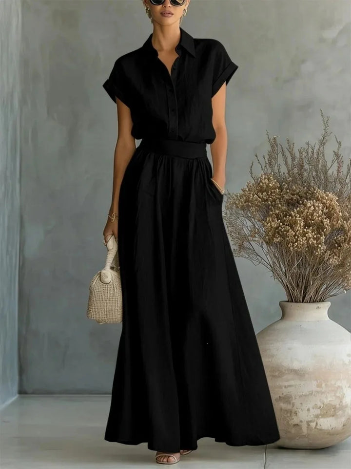 Grace - Chic Women's 2-Piece Linen Set with Collared Top and Wide Leg Trousers