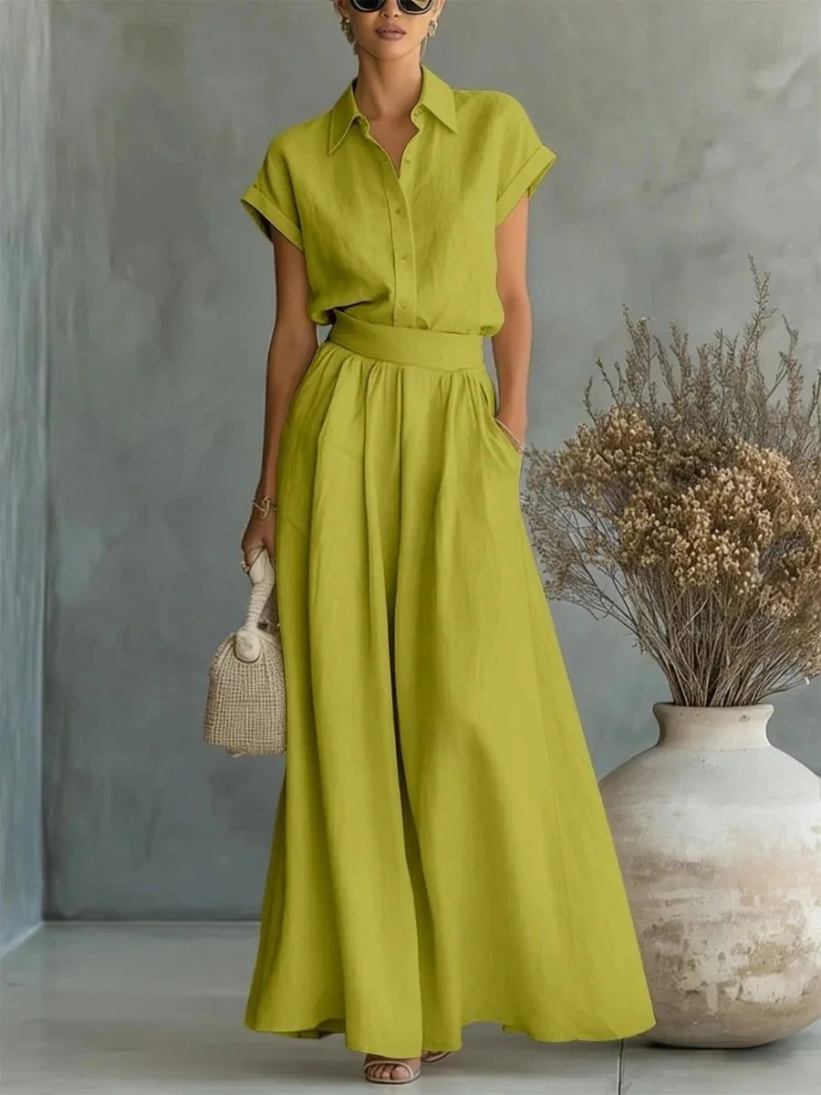 Grace - Chic Women's 2-Piece Linen Set with Collared Top and Wide Leg Trousers