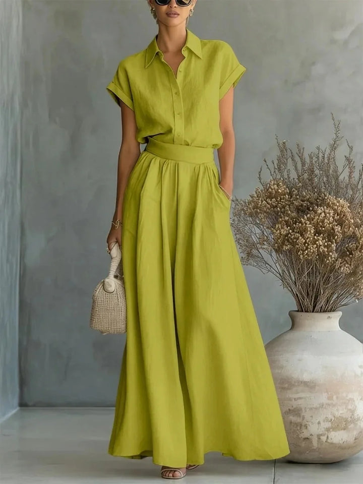 Grace - Chic Women's 2-Piece Linen Set with Collared Top and Wide Leg Trousers