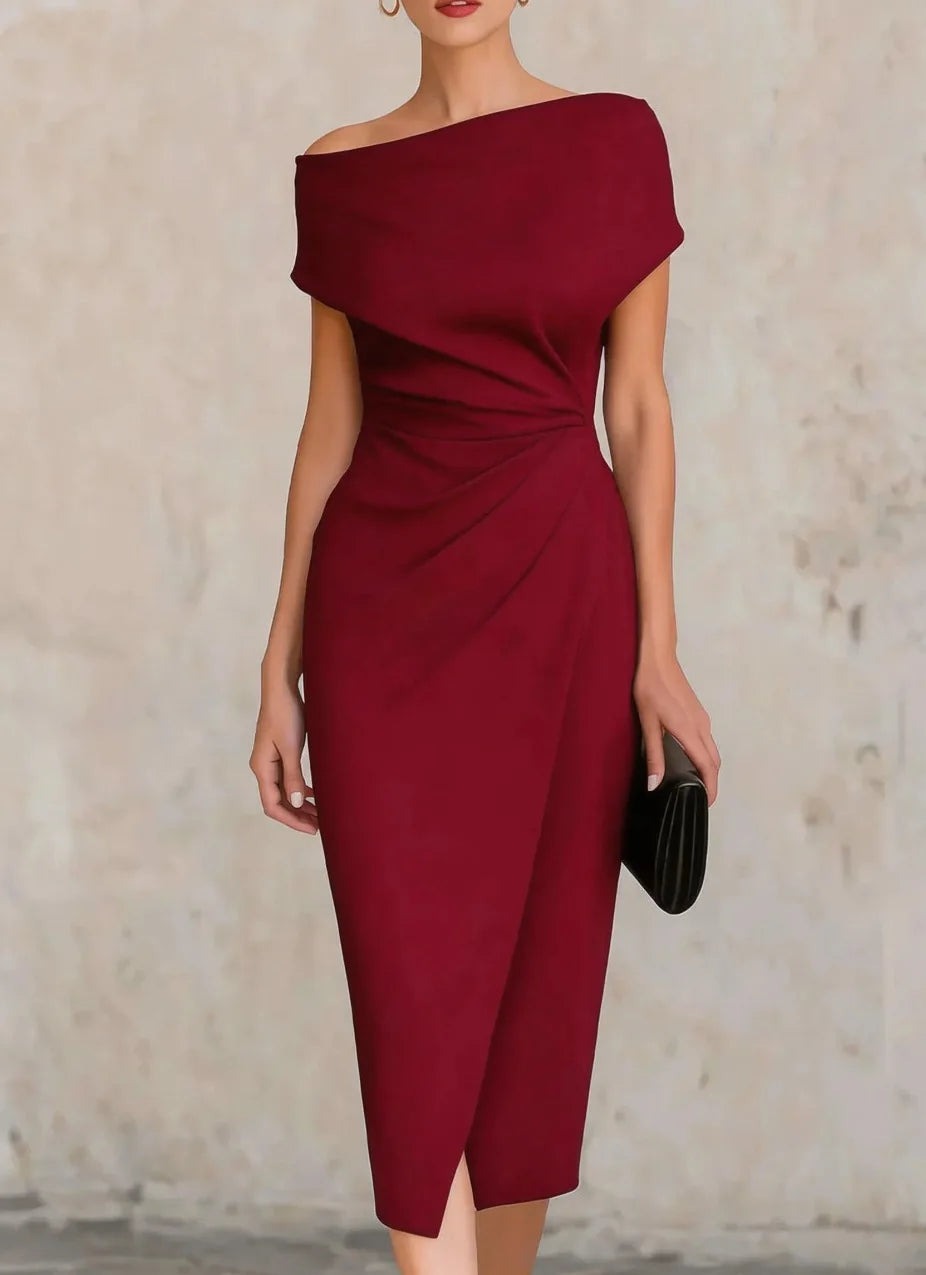 Grace - Elegant Women's Fall Wedding Guest Dress with Off Shoulder Neckline
