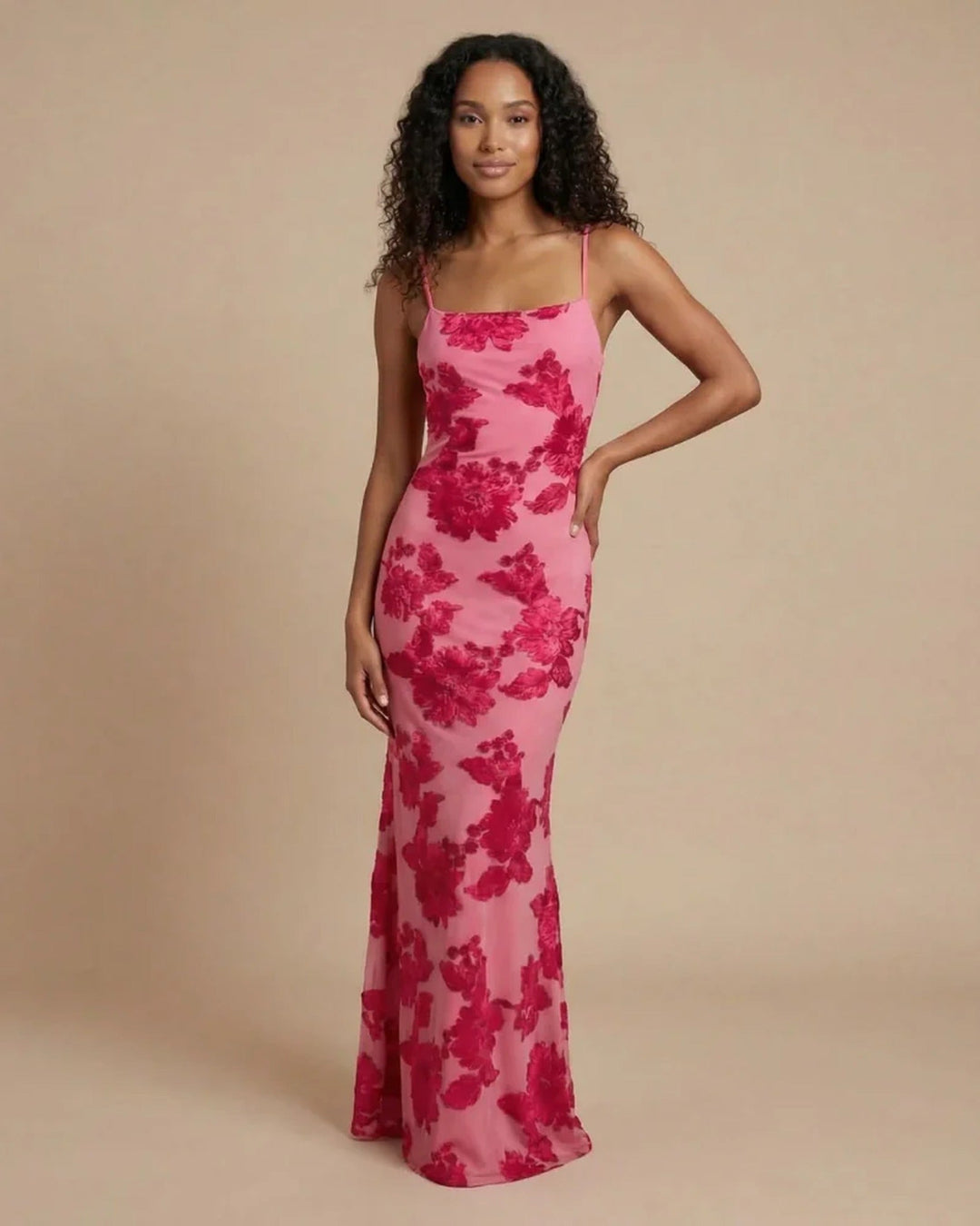 Grace - Elegant Women's Fall Wedding Guest Maxi Dress with Floral Detail and Open Back
