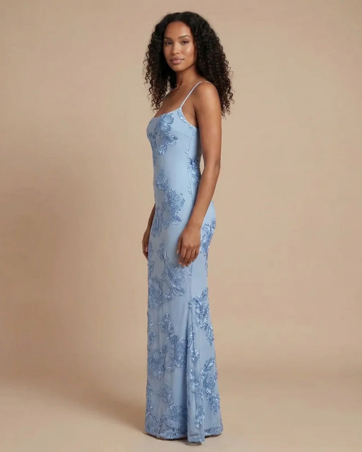 Grace - Elegant Women's Fall Wedding Guest Maxi Dress with Floral Detail and Open Back