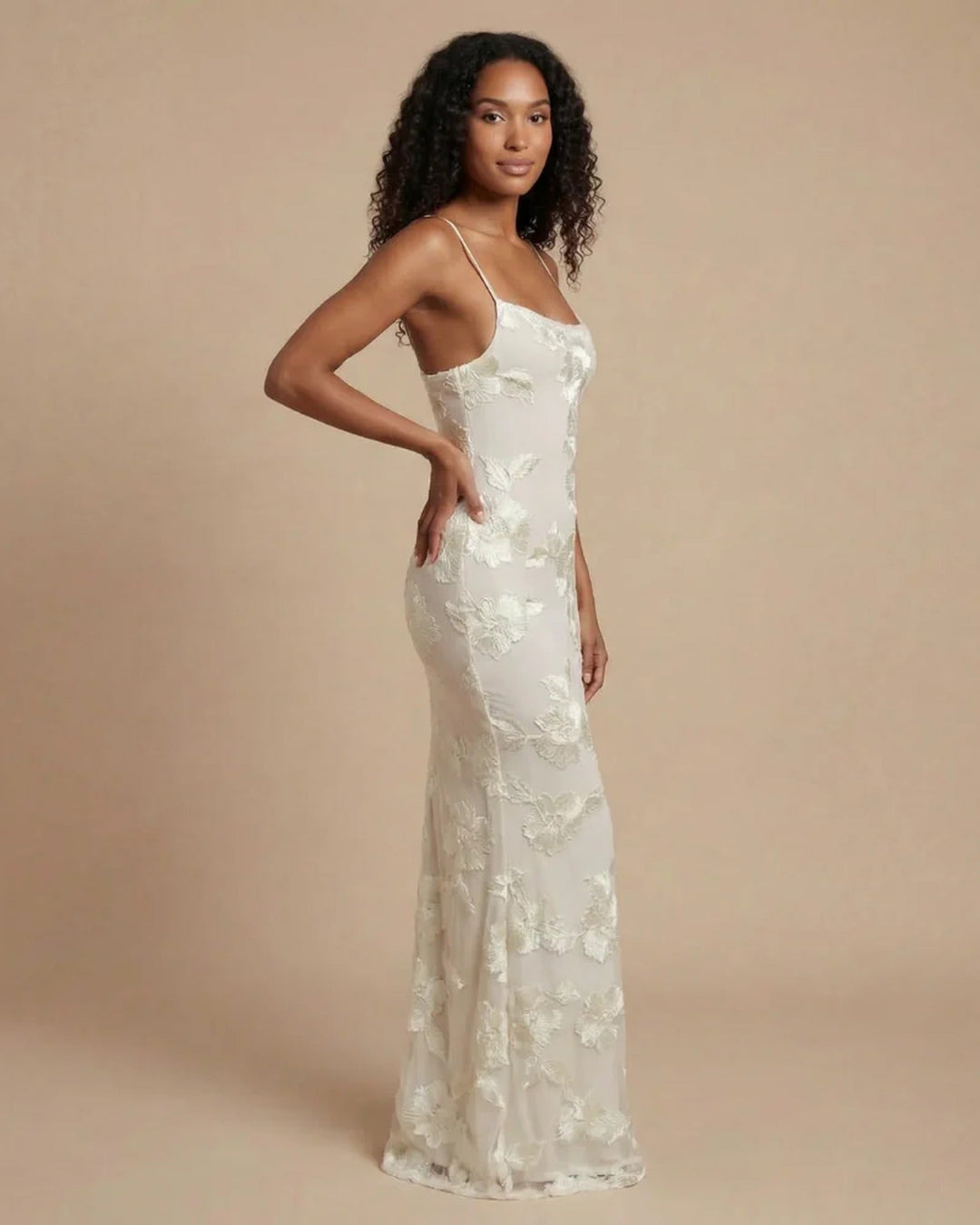 Grace - Elegant Women's Fall Wedding Guest Maxi Dress with Floral Detail and Open Back