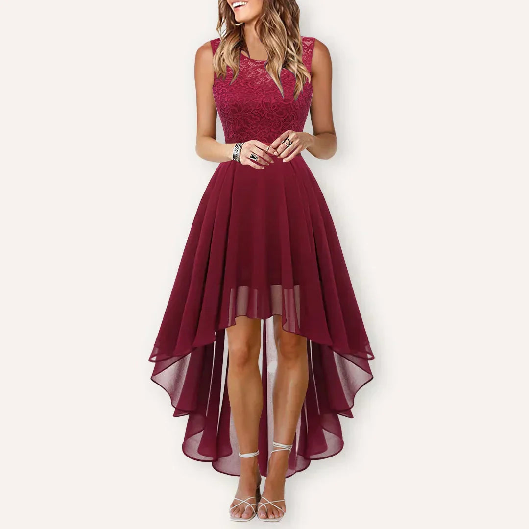 Grace - Elegant Women's Wedding Guest Dress with Floral Bodice and Asymmetric Hem