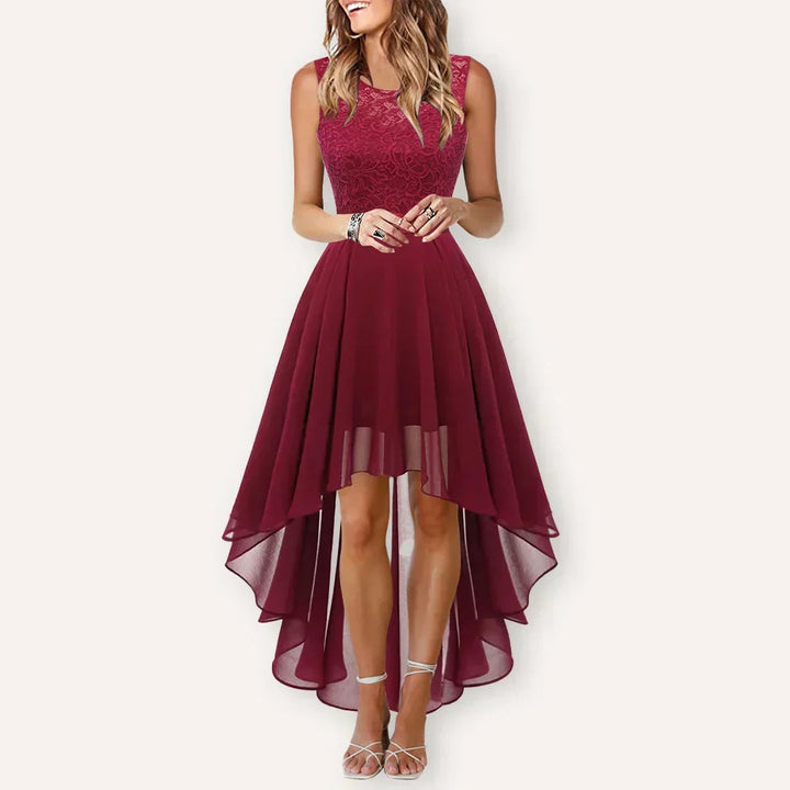 Grace - Elegant Women's Wedding Guest Dress with Floral Bodice and Asymmetric Hem