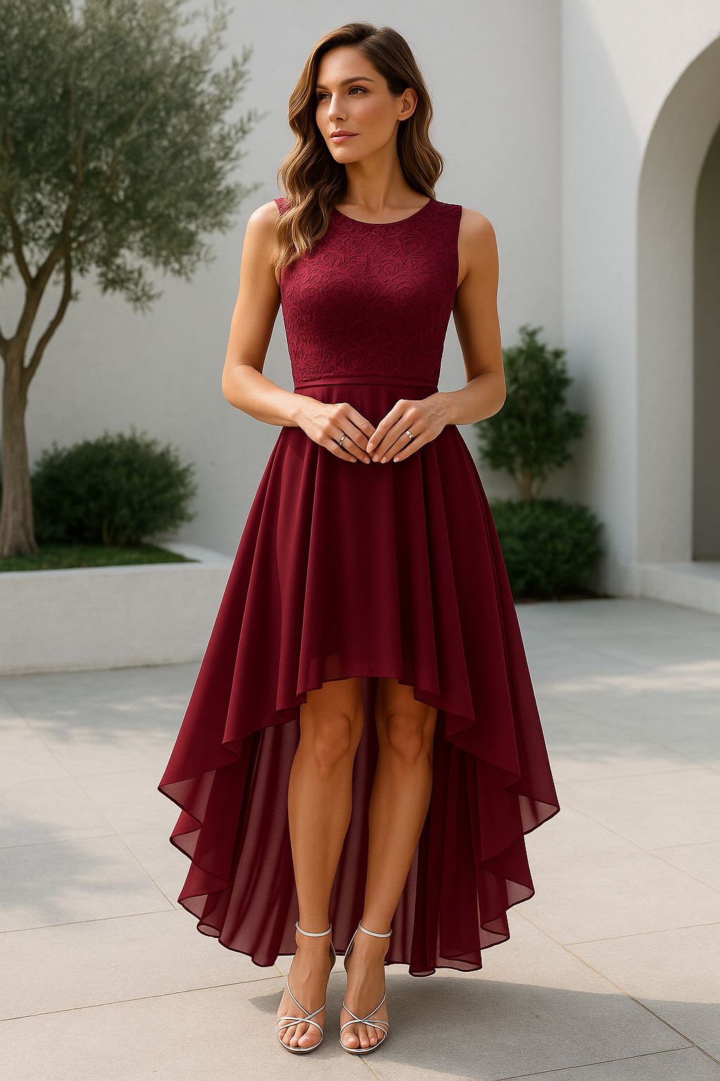 Grace - Elegant Women's Wedding Guest Dress with Floral Bodice and Asymmetric Hem