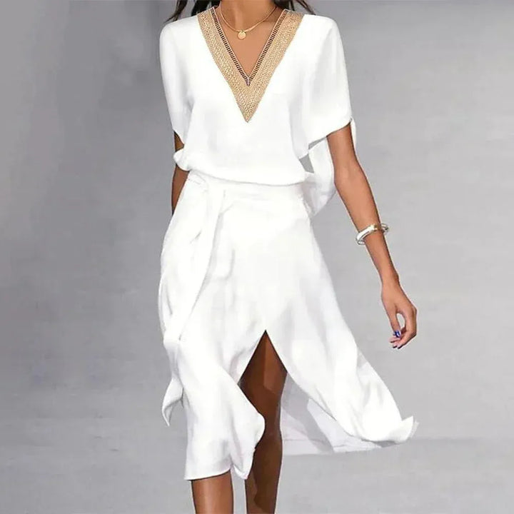 Grace - Elegant Women's Wedding Guest Dress with Gold Trim V-Neck and Wrap Skirt