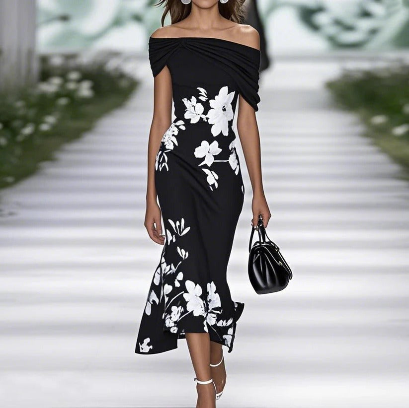 Grace - Elegant Women's Wedding Guest Dress with Off-Shoulder Neckline and Floral Print