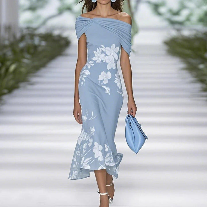Grace - Elegant Women's Wedding Guest Dress with Off-Shoulder Neckline and Floral Print