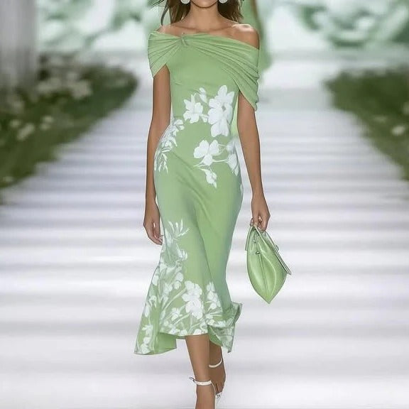 Grace - Elegant Women's Wedding Guest Dress with Off-Shoulder Neckline and Floral Print