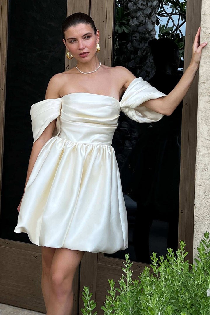 Grace - Elegant Women's Wedding Guest Dress with Off-Shoulder Sleeves and Full Skirt