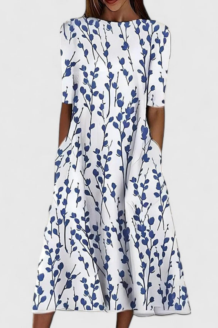 Grace - Flowy Women's Linen Dress with Round Neck and Pocket Detail