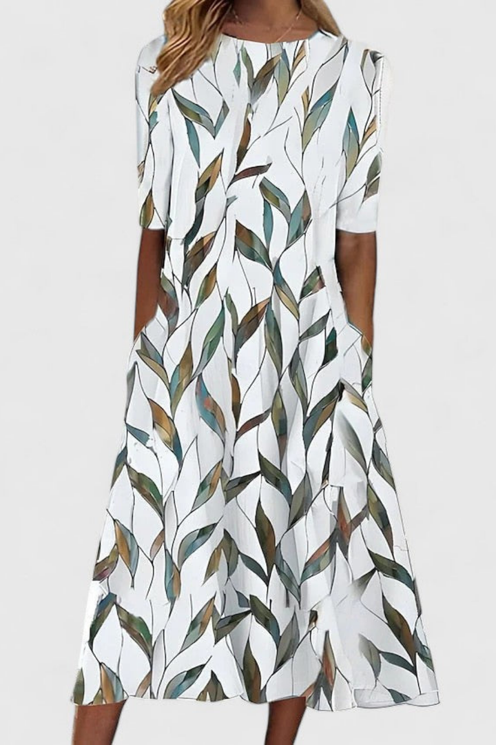Grace - Flowy Women's Linen Dress with Round Neck and Pocket Detail