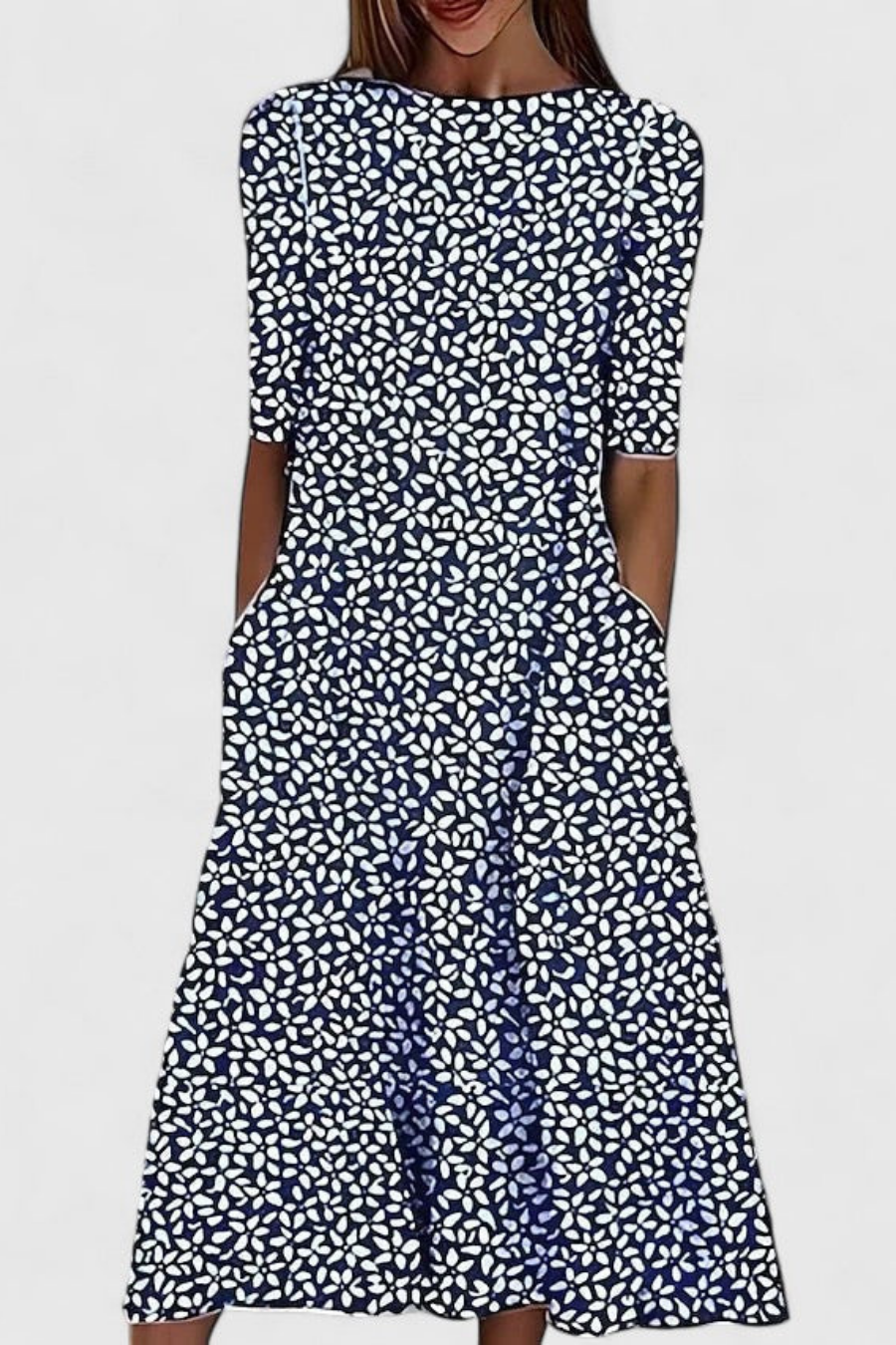 Grace - Flowy Women's Linen Dress with Round Neck and Pocket Detail