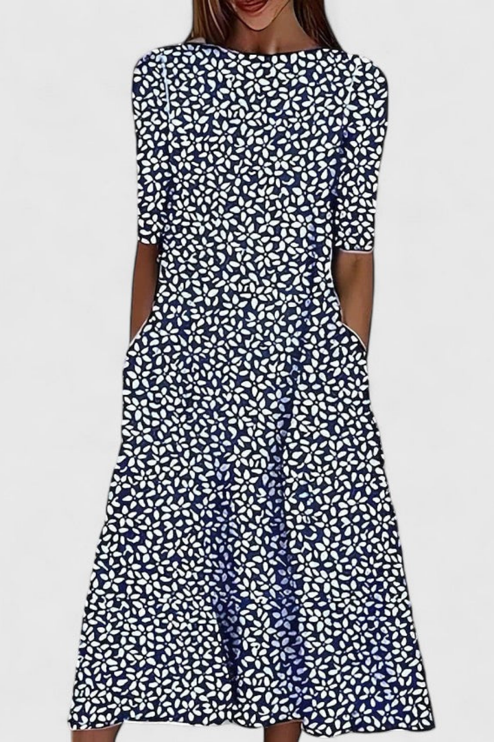 Grace - Flowy Women's Linen Dress with Round Neck and Pocket Detail