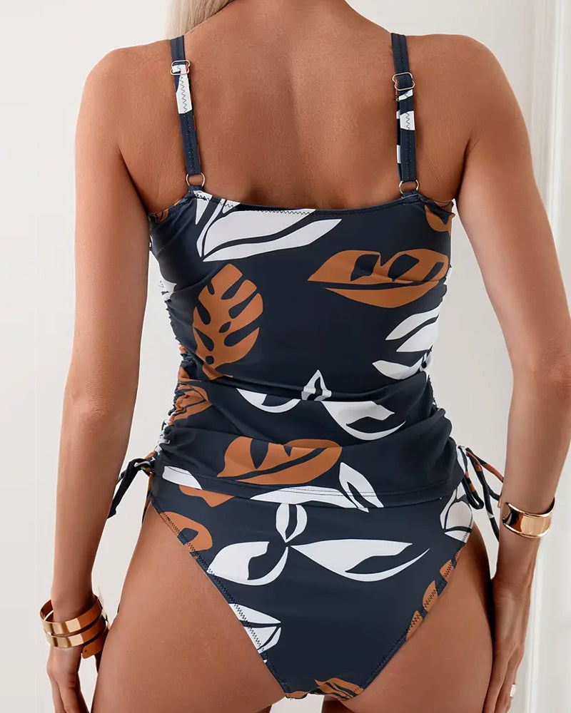 Grace - Flowy Women's Swimsuit Tankini Set with Tropical Print and Adjustable Side Ties