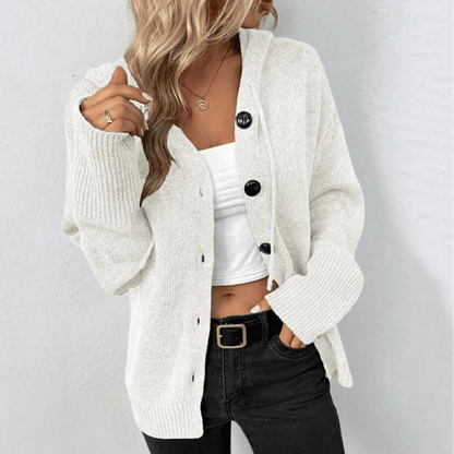 Maisie - Women's long chunky knit cardigan with hood and button up front