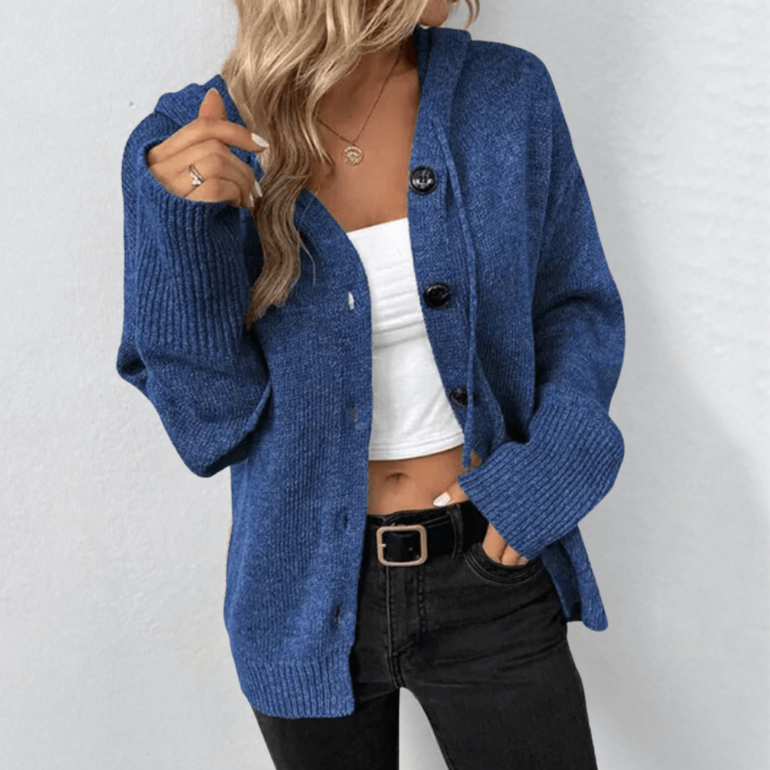 Maisie - Women's long chunky knit cardigan with hood and button up front