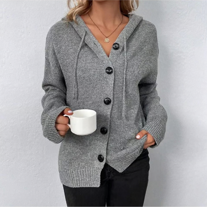 Maisie - Women's long chunky knit cardigan with hood and button up front
