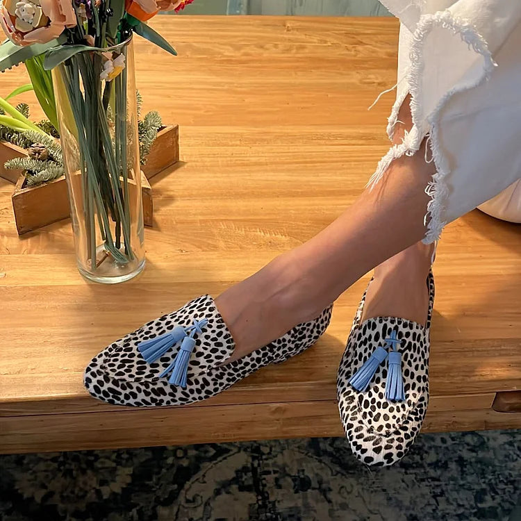 Grace - Women's Casual Comfort Loafers with Animal Print and Tassel Trim