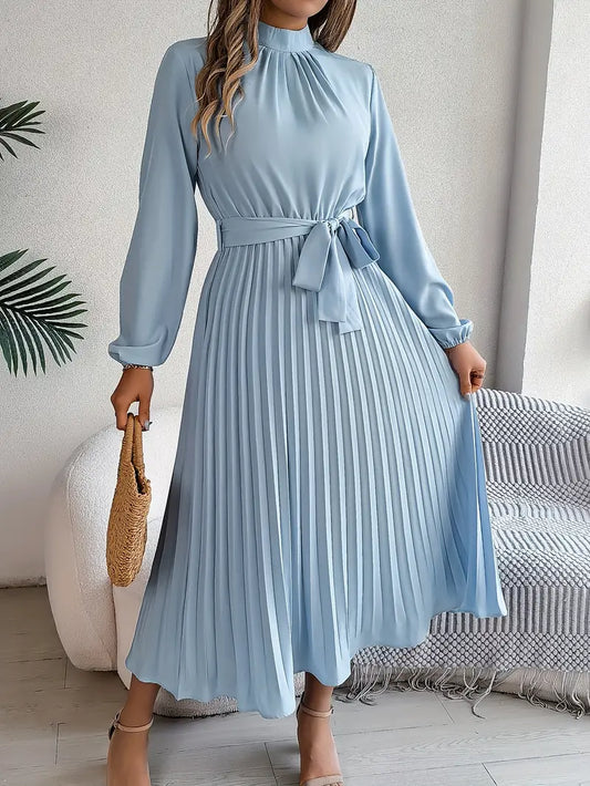 Grace - Women's Maxi Dress Pleated Elegant with High Neck and Tie Waist