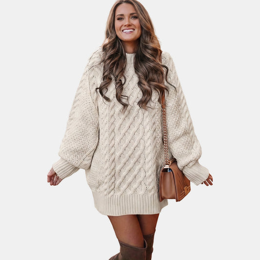Grace - Women's oversized chunky cable knit jumper dress with crew neck