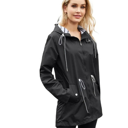 Amelia - Women's Raincoat for Autumn with Drawstring Hood and Snap Pockets