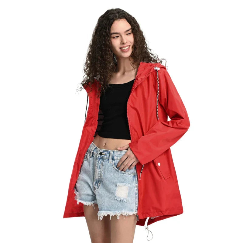 Amelia - Women's Raincoat for Autumn with Drawstring Hood and Snap Pockets