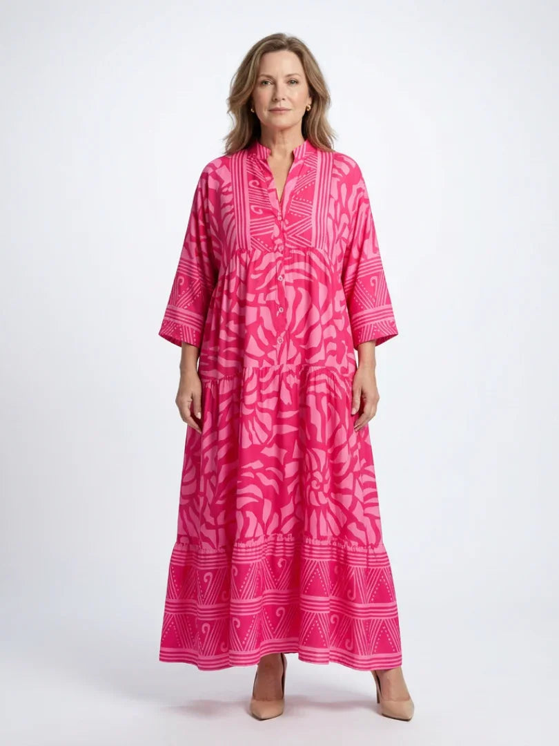 Hannah - Boho Plus Size Maxi Dress for Women with Tiered Silhouette and Three-Quarter Sleeves