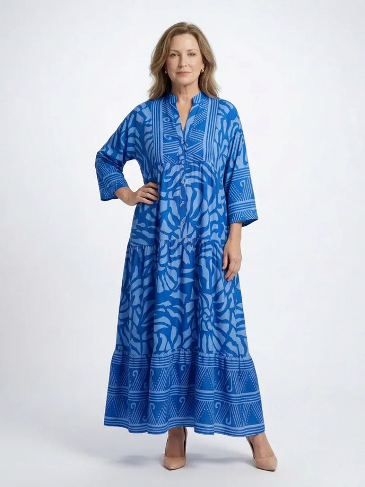 Hannah - Boho Plus Size Maxi Dress for Women with Tiered Silhouette and Three-Quarter Sleeves