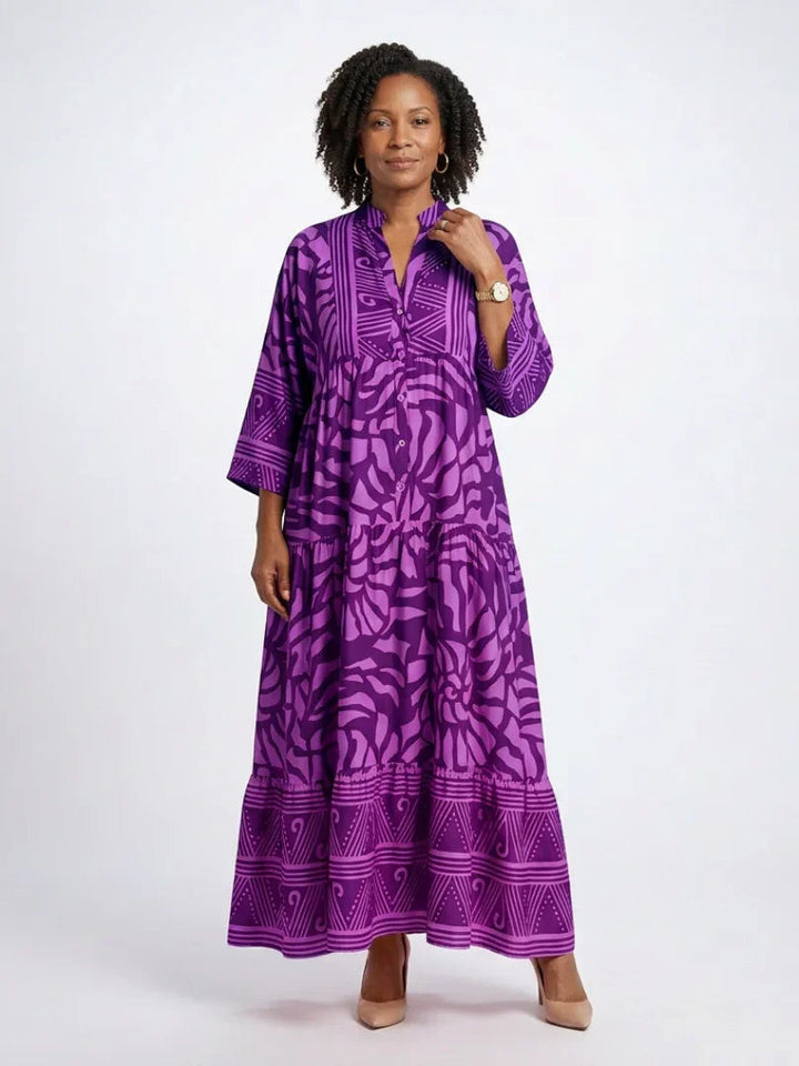 Hannah - Boho Plus Size Maxi Dress for Women with Tiered Silhouette and Three-Quarter Sleeves