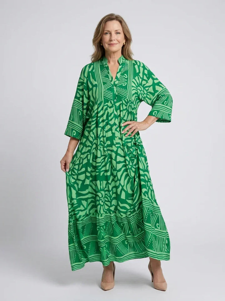 Hannah - Boho Plus Size Maxi Dress for Women with Tiered Silhouette and Three-Quarter Sleeves